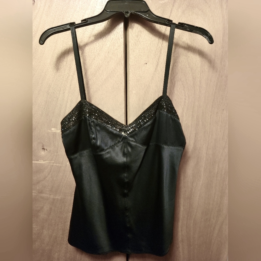 Express sequin embellished trim silk camisole tank.
